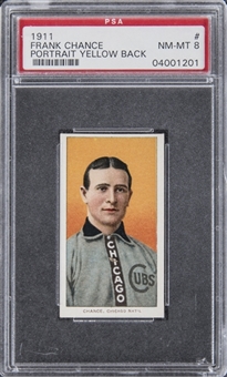 1909-11 T206 White Border Frank Chance, Portrait, Yellow Background, Rare "Cycle - 350 Subjects" Back – PSA NM-MT 8